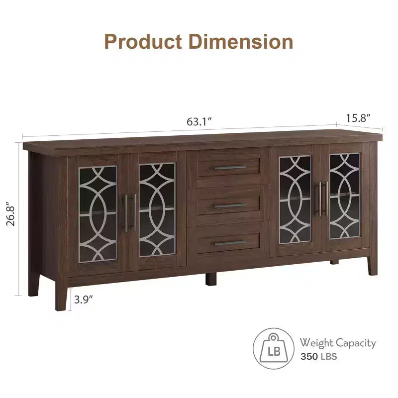 Meuble TV de ferme de 65 po pour téléviseurs jusqu'à 70 po, meuble de divertissement moderne du milieu du siècle avec 2 portes vitrées et 3 tiroirs, console multimédia en bois