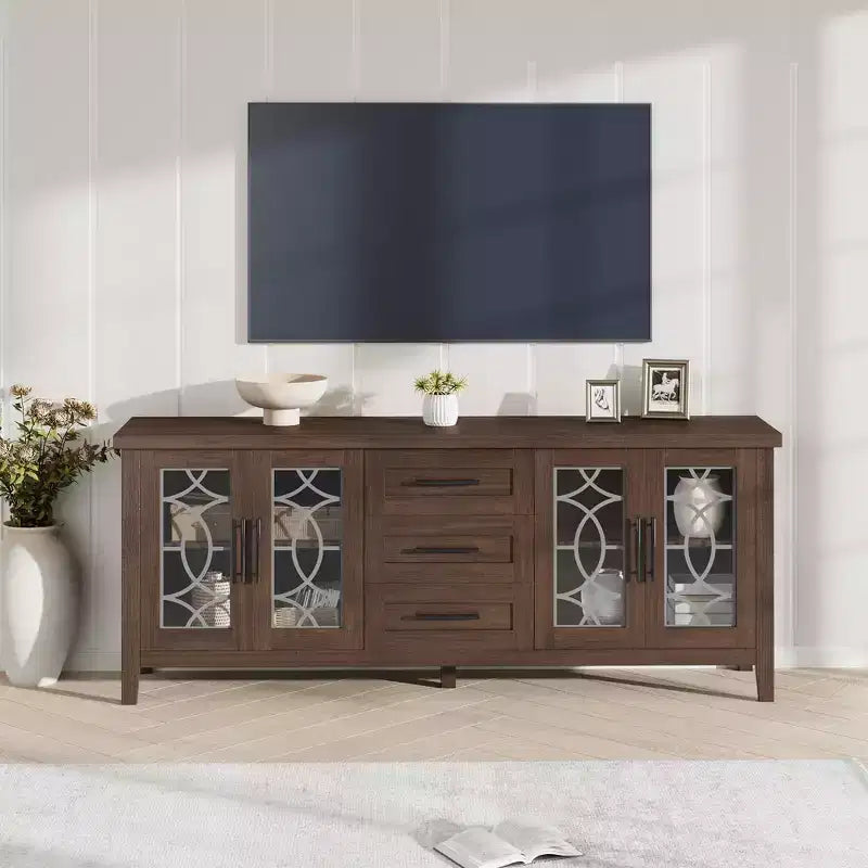 Meuble TV de ferme de 65 po pour téléviseurs jusqu'à 70 po, meuble de divertissement moderne du milieu du siècle avec 2 portes vitrées et 3 tiroirs, console multimédia en bois