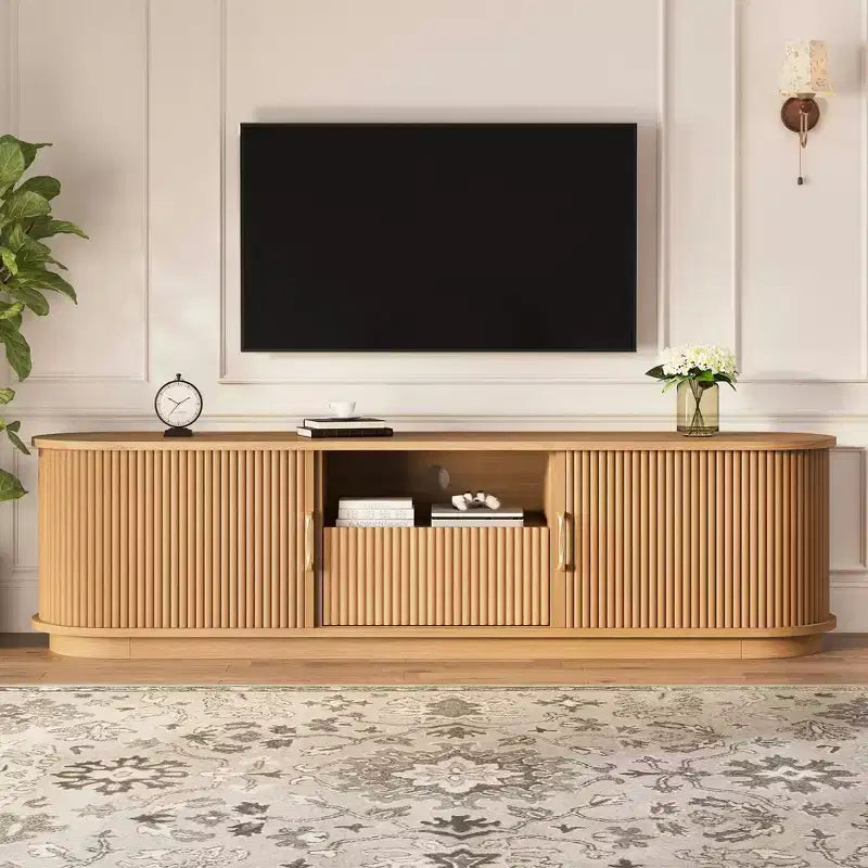 Meuble TV rustique vintage avec portes coulissantes à lattes en bois, meuble TV de ferme de 75 po avec tiroir (grain de bois naturel)