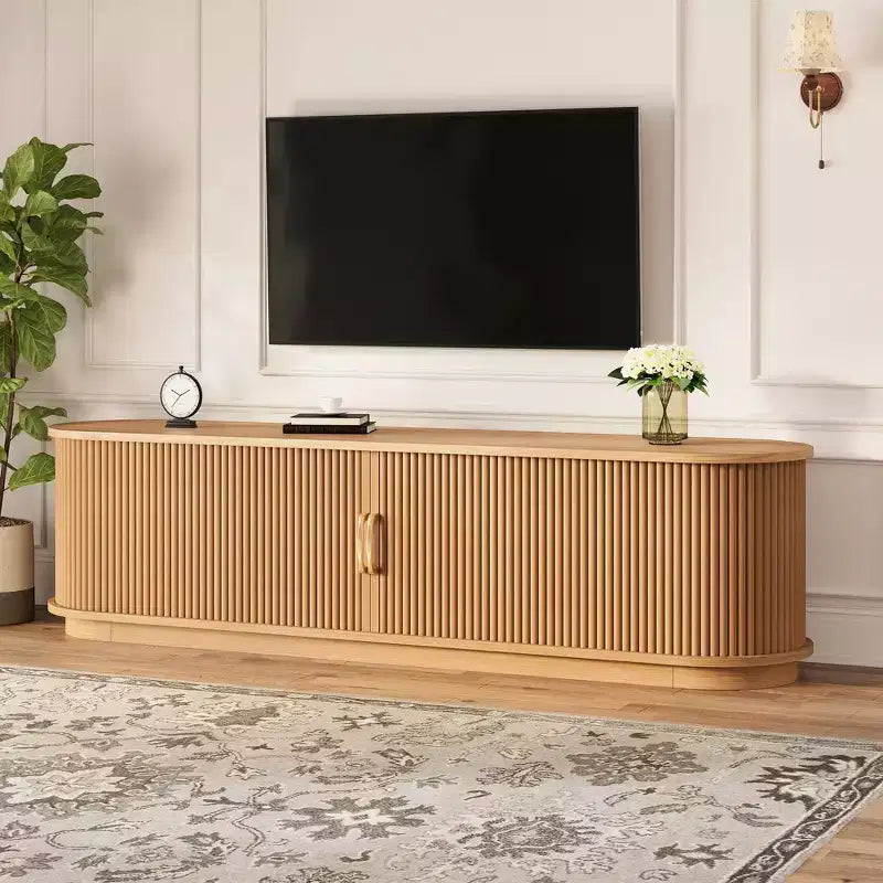 Meuble TV rustique vintage avec portes coulissantes à lattes en bois, meuble TV de ferme de 75 po avec tiroir (grain de bois naturel)