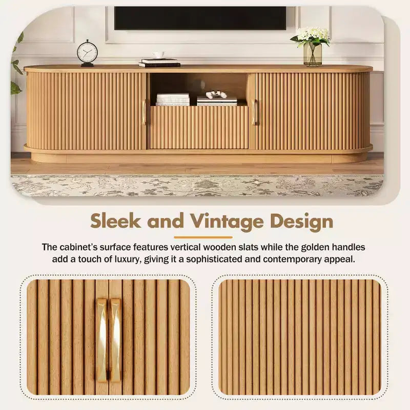 Meuble TV rustique vintage avec portes coulissantes à lattes en bois, meuble TV de ferme de 75 po avec tiroir (grain de bois naturel)