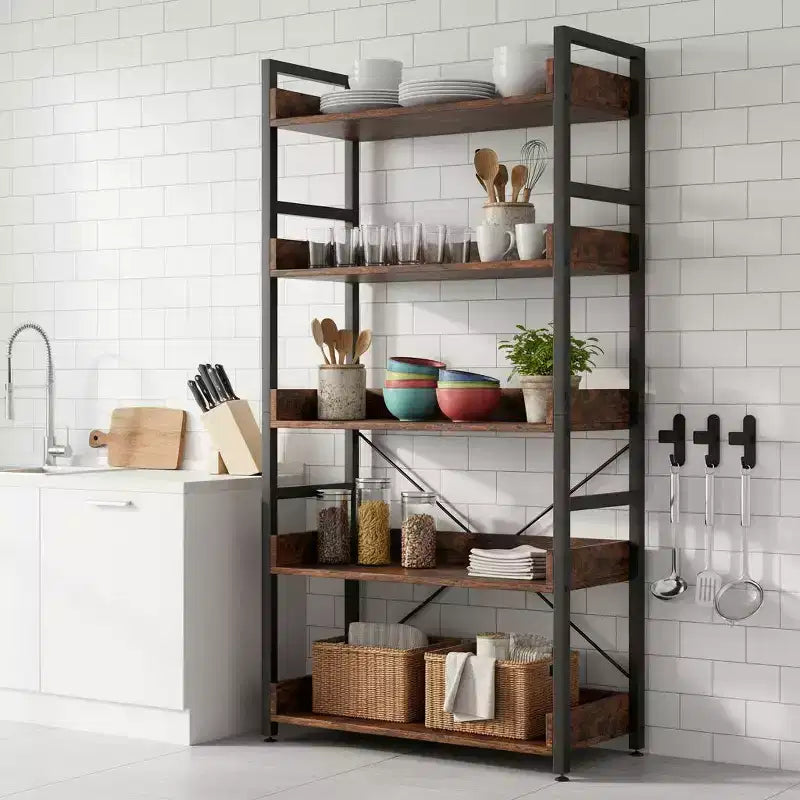 Étagère de rangement à 5 niveaux avec crochets, étagères ouvertes, design grain de bois rustique, pieds réglables, marron et noir