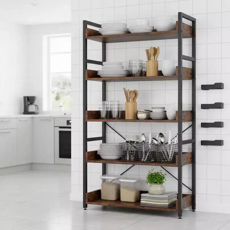 Étagère de rangement à 5 niveaux avec crochets, étagères ouvertes, design grain de bois rustique, pieds réglables, marron et noir