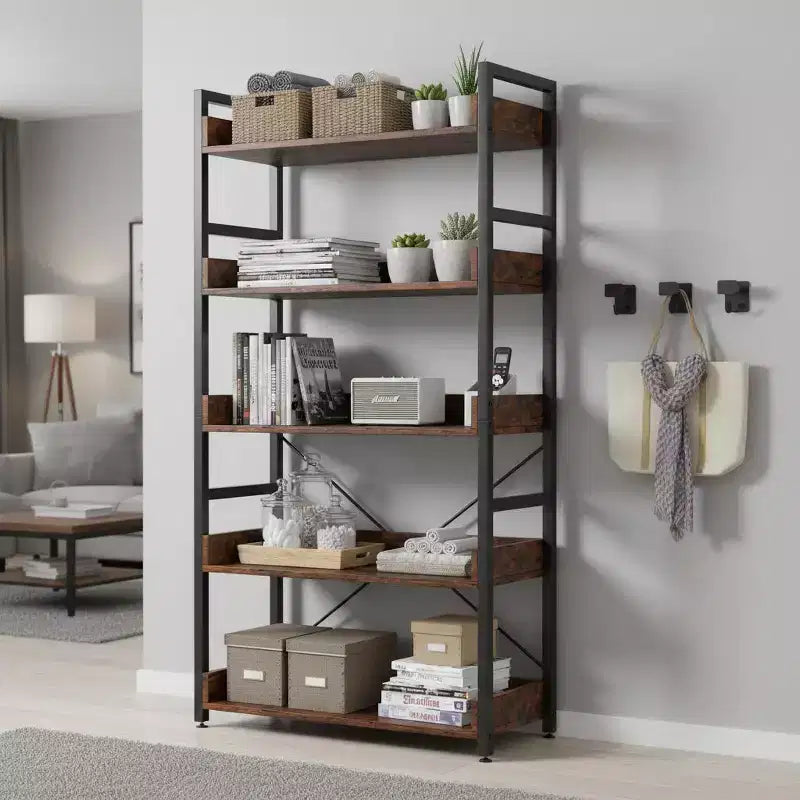 Étagère de rangement à 5 niveaux avec crochets, étagères ouvertes, design grain de bois rustique, pieds réglables, marron et noir