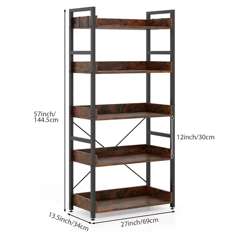 Étagère de rangement à 5 niveaux avec crochets, étagères ouvertes, design grain de bois rustique, pieds réglables, marron et noir