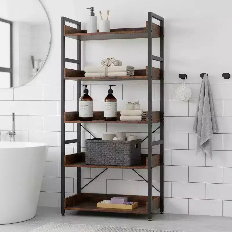 Étagère de rangement à 5 niveaux avec crochets, étagères ouvertes, design grain de bois rustique, pieds réglables, marron et noir