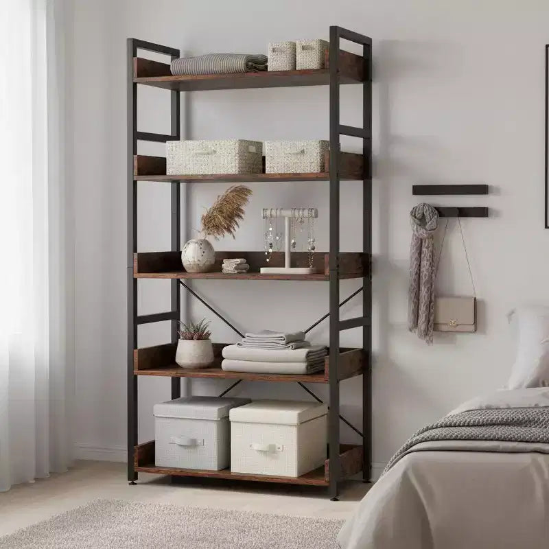 Étagère de rangement à 5 niveaux avec crochets, étagères ouvertes, design grain de bois rustique, pieds réglables, marron et noir