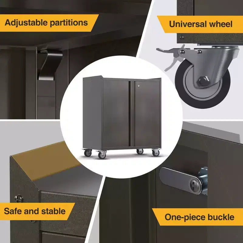 Armoire de classement en acier verrouillable avec étagères réglables et roulettes pour l'organisation de la maison, de l'école, du bureau et du garage, noire