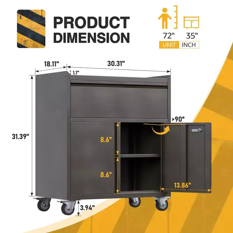 Armoire de classement en acier verrouillable avec étagères réglables et roulettes pour l'organisation de la maison, de l'école, du bureau et du garage, noire