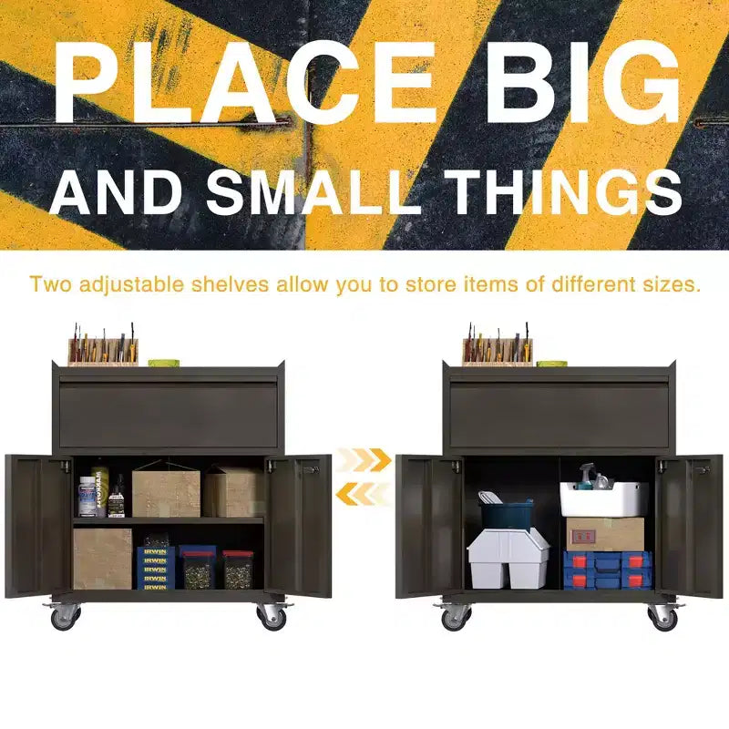 Armoire de classement en acier verrouillable avec étagères réglables et roulettes pour l'organisation de la maison, de l'école, du bureau et du garage, noire