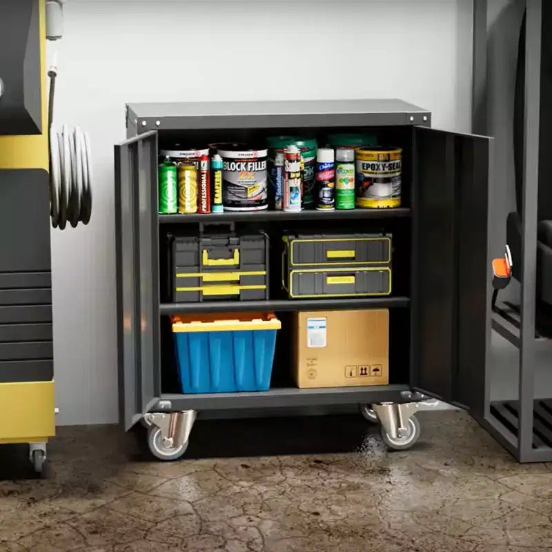 Armoire de classement en acier verrouillable avec étagères réglables et roulettes pour l'organisation de la maison, de l'école, du bureau et du garage, noire
