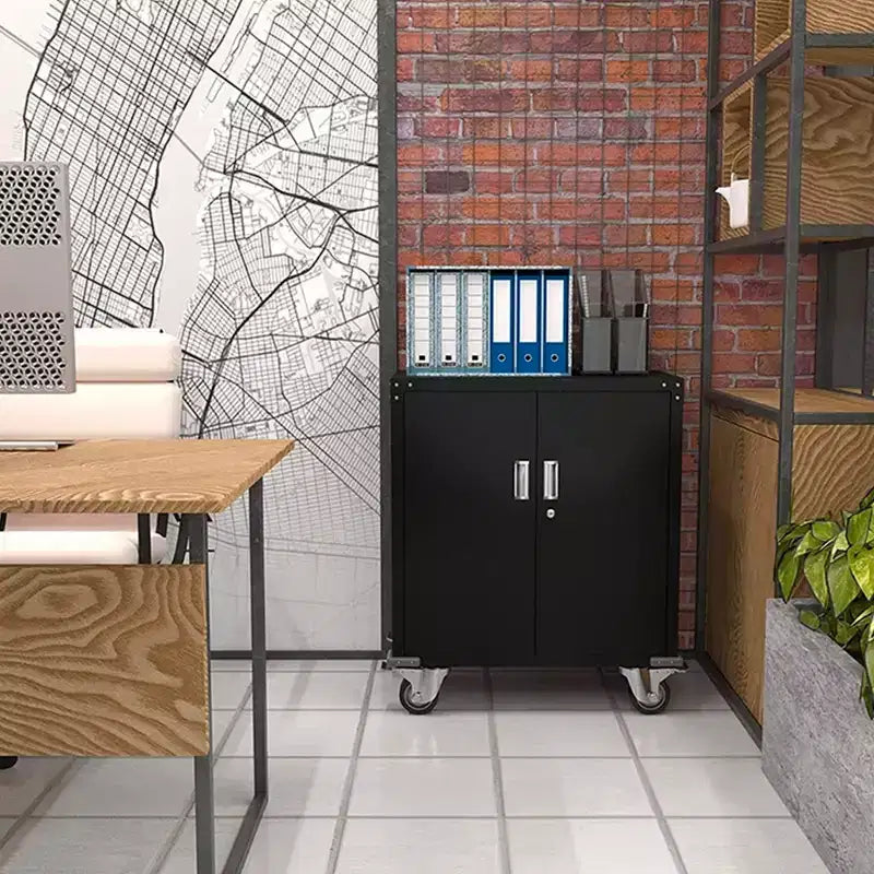 Armoire de classement en acier verrouillable avec étagères réglables et roulettes pour l'organisation de la maison, de l'école, du bureau et du garage, noire