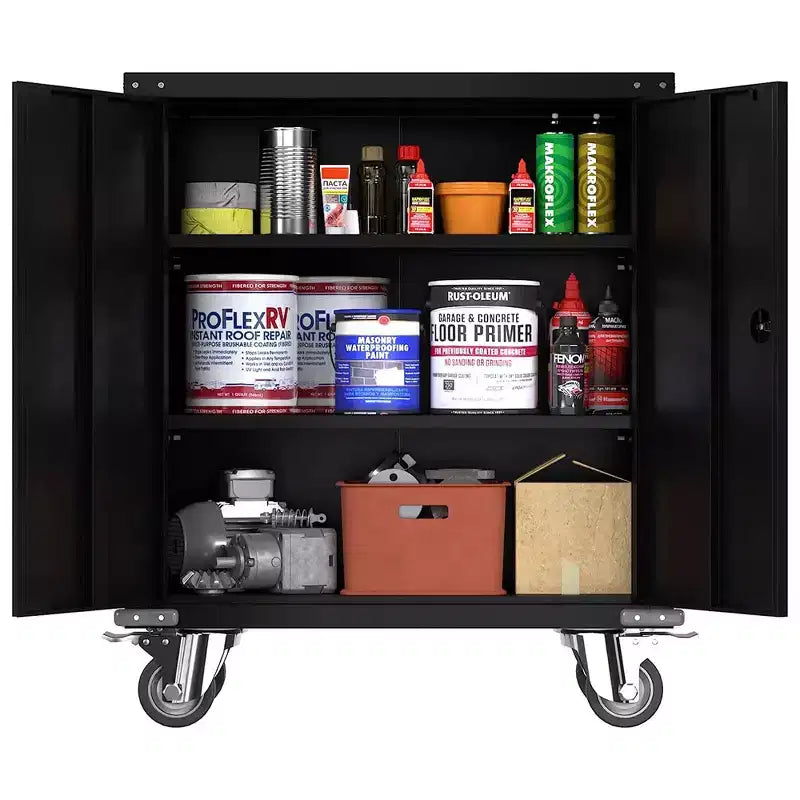 Armoire de classement en acier verrouillable avec étagères réglables et roulettes pour l'organisation de la maison, de l'école, du bureau et du garage, noire