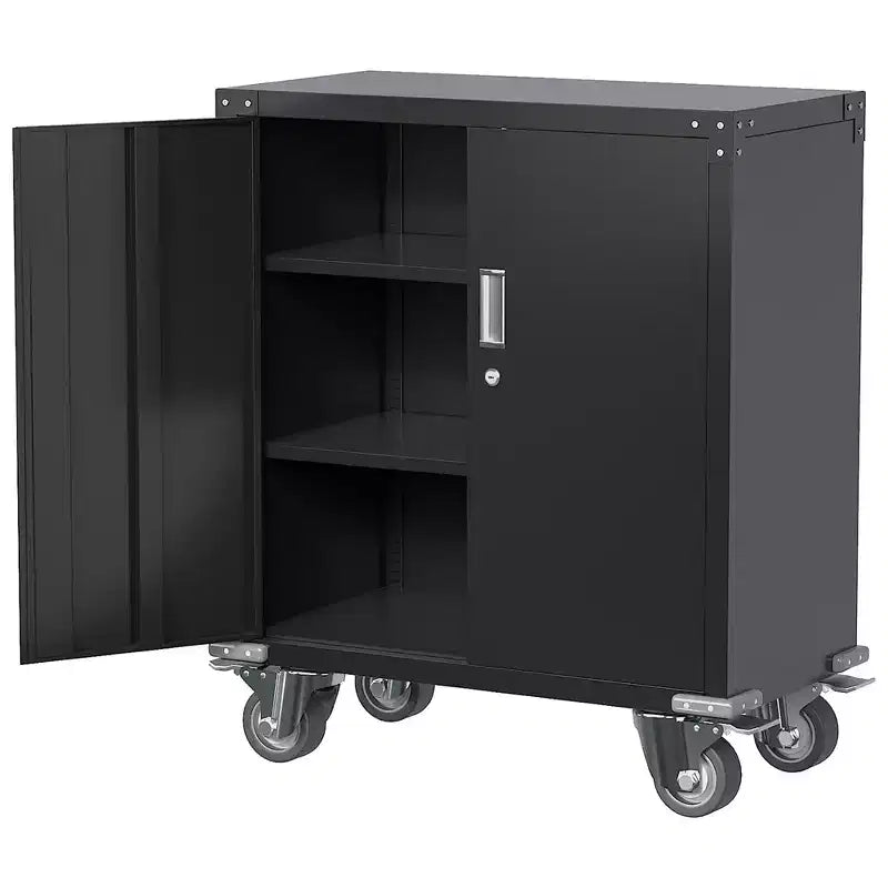 Armoire de classement en acier verrouillable avec étagères réglables et roulettes pour l'organisation de la maison, de l'école, du bureau et du garage, noire