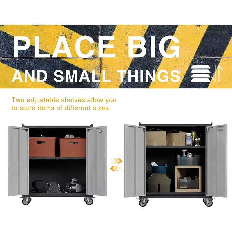 Armoire de classement en acier verrouillable avec étagères réglables et roulettes pour l'organisation de la maison, de l'école, du bureau et du garage, noire