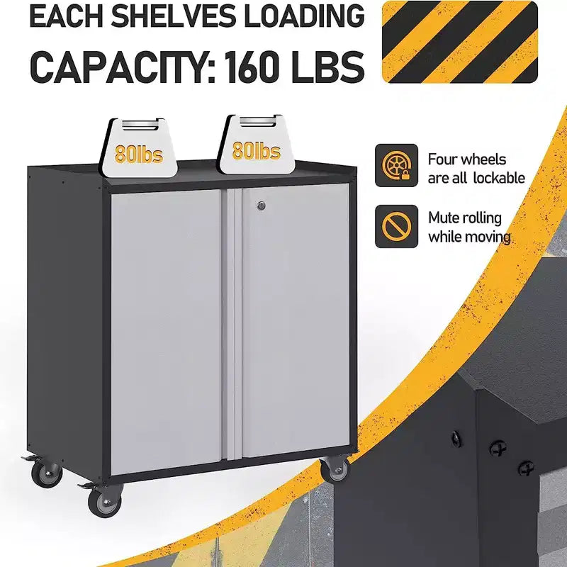 Armoire de classement en acier verrouillable avec étagères réglables et roulettes pour l'organisation de la maison, de l'école, du bureau et du garage, noire