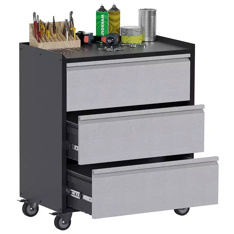 Armoire de classement en acier verrouillable avec étagères réglables et roulettes pour l'organisation de la maison, de l'école, du bureau et du garage, noire