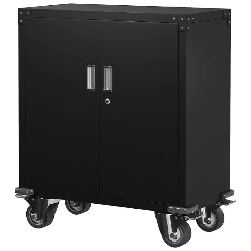 Armoire de classement en acier verrouillable avec étagères réglables et roulettes pour l'organisation de la maison, de l'école, du bureau et du garage, noire