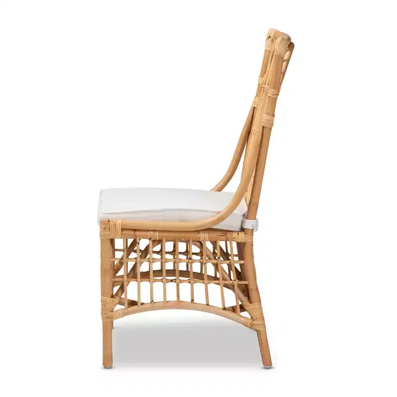 Chaise de salle à manger en tissu rembourré et rotin Blanc/Naturel : Mélange coton-polyester, Style bohème, Aucun assemblage requis