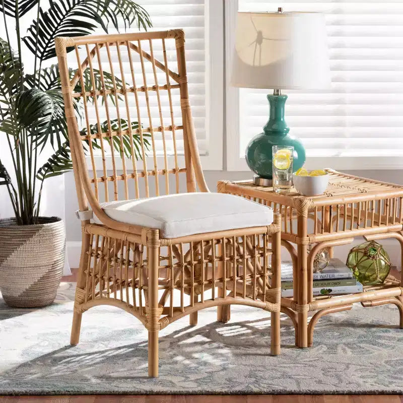 Chaise de salle à manger en tissu rembourré et rotin Blanc/Naturel : Mélange coton-polyester, Style bohème, Aucun assemblage requis