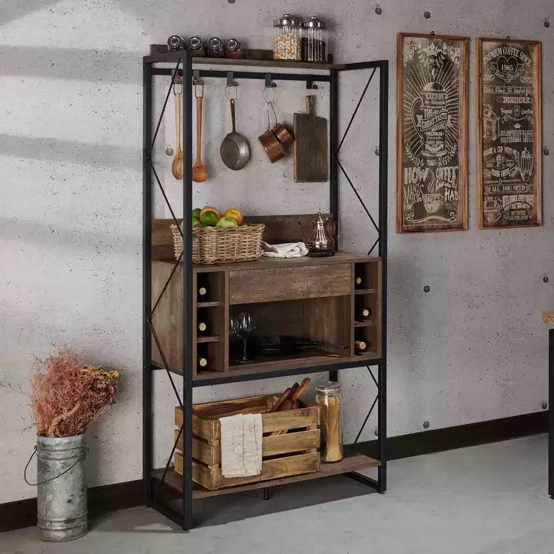 Étagère de boulanger rustique Chêne recyclé Style industriel, 3 étagères fixes, Cadre métallique, 170 cm H
