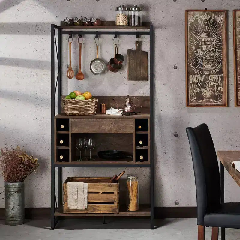 Étagère de boulanger rustique Chêne recyclé Style industriel, 3 étagères fixes, Cadre métallique, 170 cm H