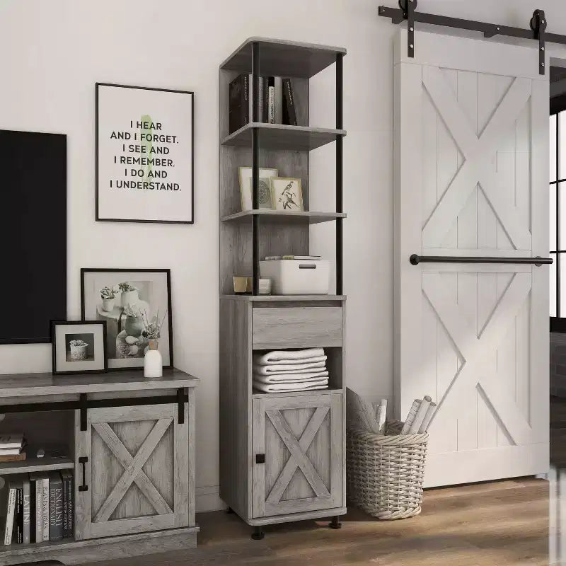 72,3 po Bibliothèque avec plusieurs rangements : Cadre en fer, armoire de style grange