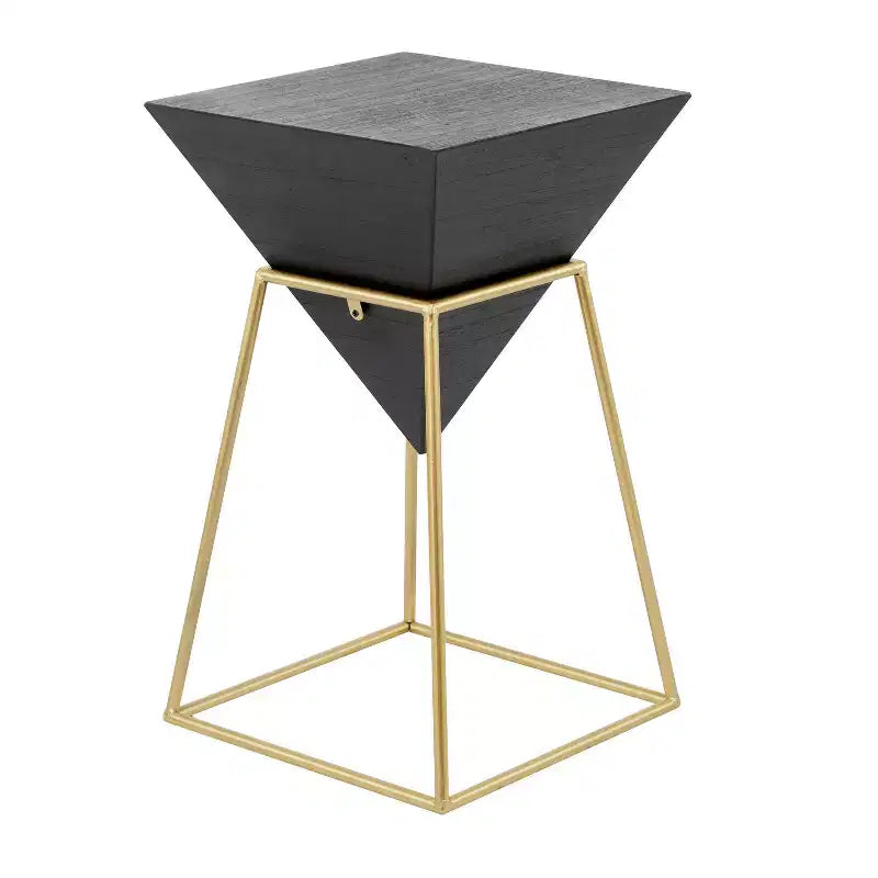 Table d'appoint moderne en bois avec cadre noir et or, aucun assemblage requis, design triangulaire en métal et bois