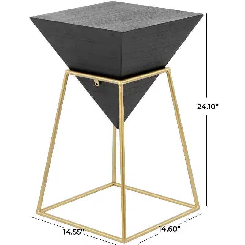 Table d'appoint moderne en bois avec cadre noir et or, aucun assemblage requis, design triangulaire en métal et bois