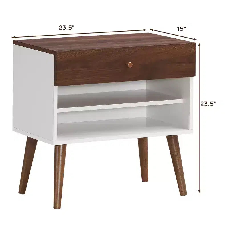 Table de chevet avec tiroir et étagère, pieds en bois d'hévéa, style Mid-Century