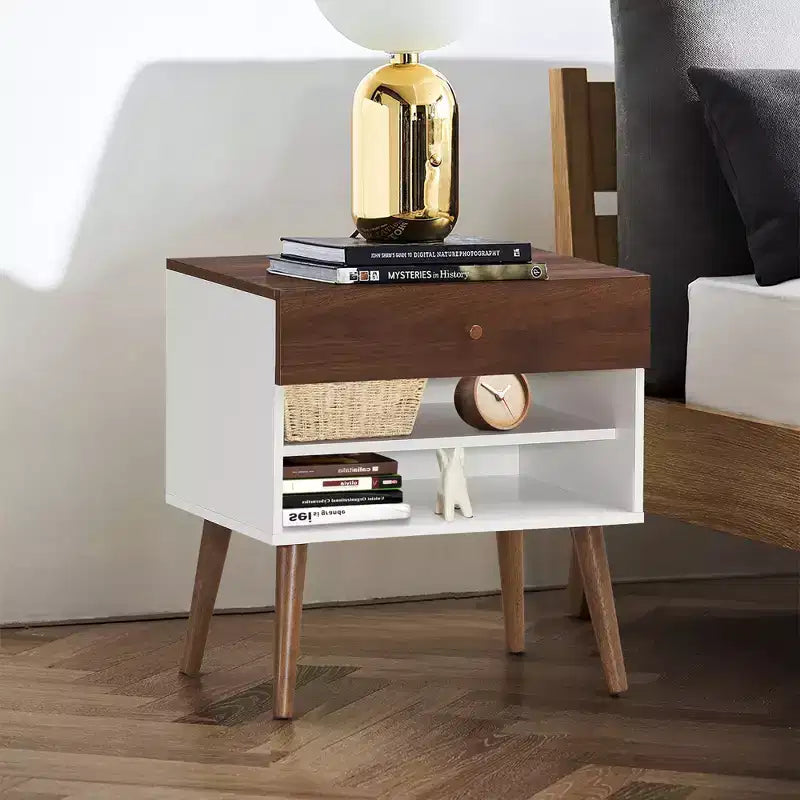 Table de chevet avec tiroir et étagère, pieds en bois d'hévéa, style Mid-Century