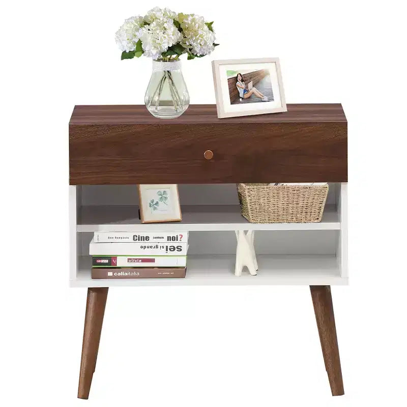 Table de chevet avec tiroir et étagère, pieds en bois d'hévéa, style Mid-Century