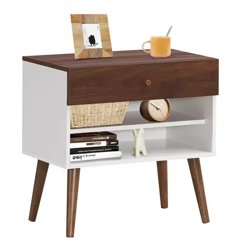 Table de chevet avec tiroir et étagère, pieds en bois d'hévéa, style Mid-Century